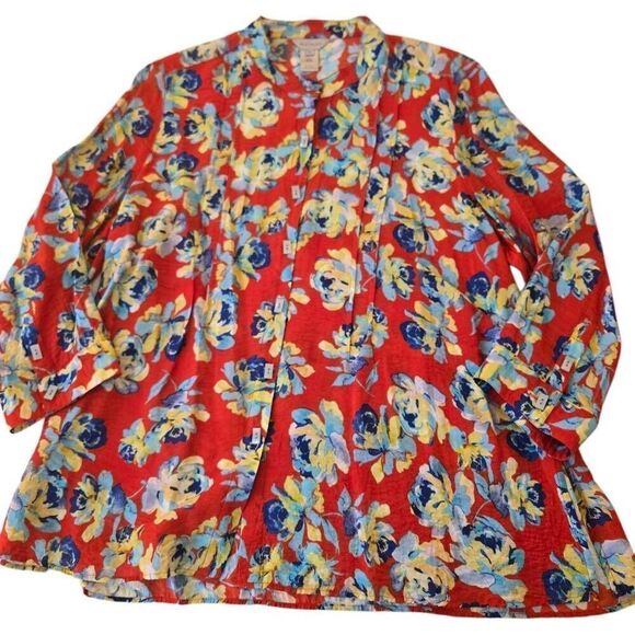 Multiples Women's Floral Long Sleeve Pleated Tunic Top Blouse Red Blue Size 1X - Picture 3 of 13